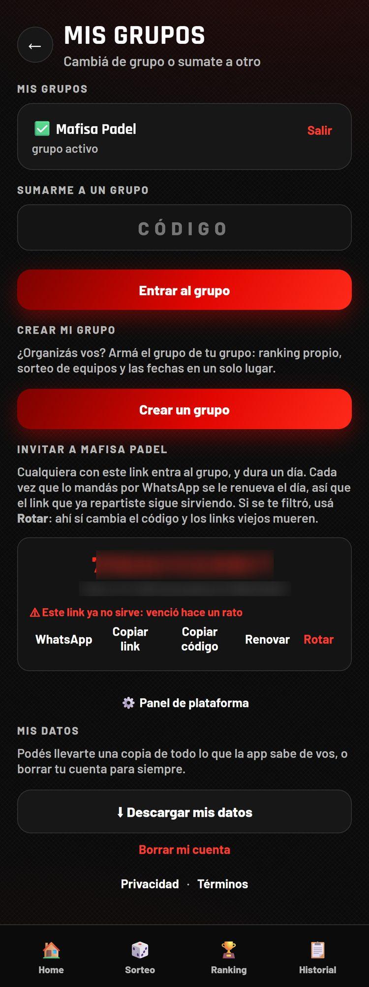 Captura 5 del proyecto Bandeja - Ranking y gestión de grupos de pádel